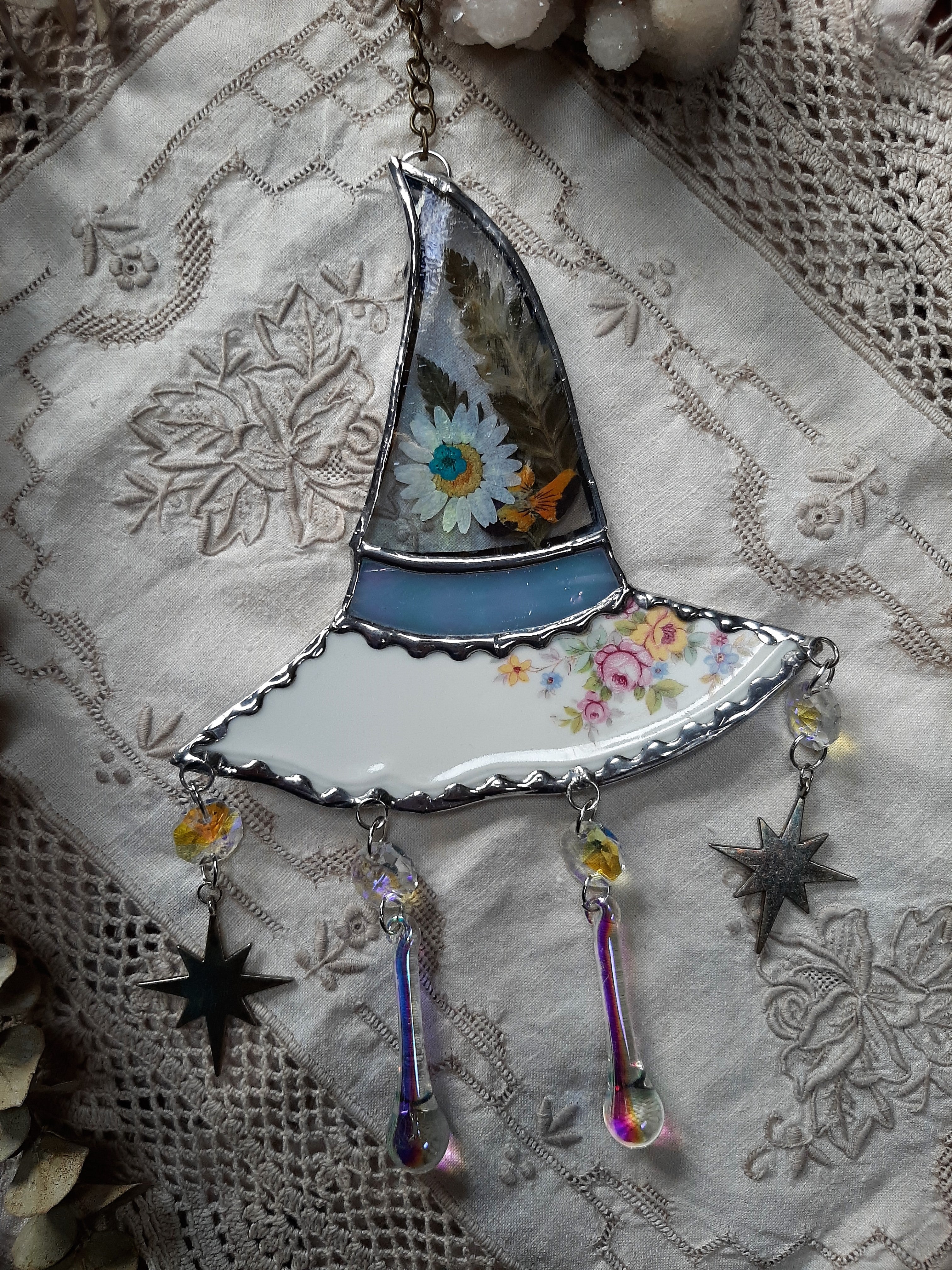 Stained glass and pressed flower witch hat