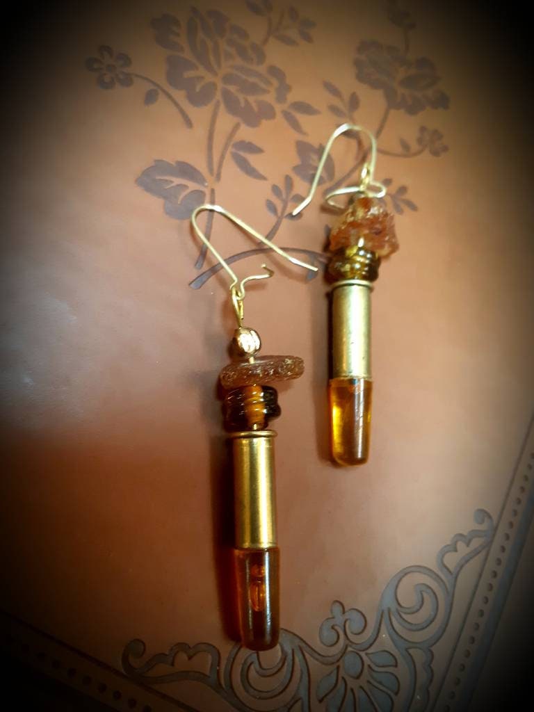 Lite brite and raw amber bullet earrings
