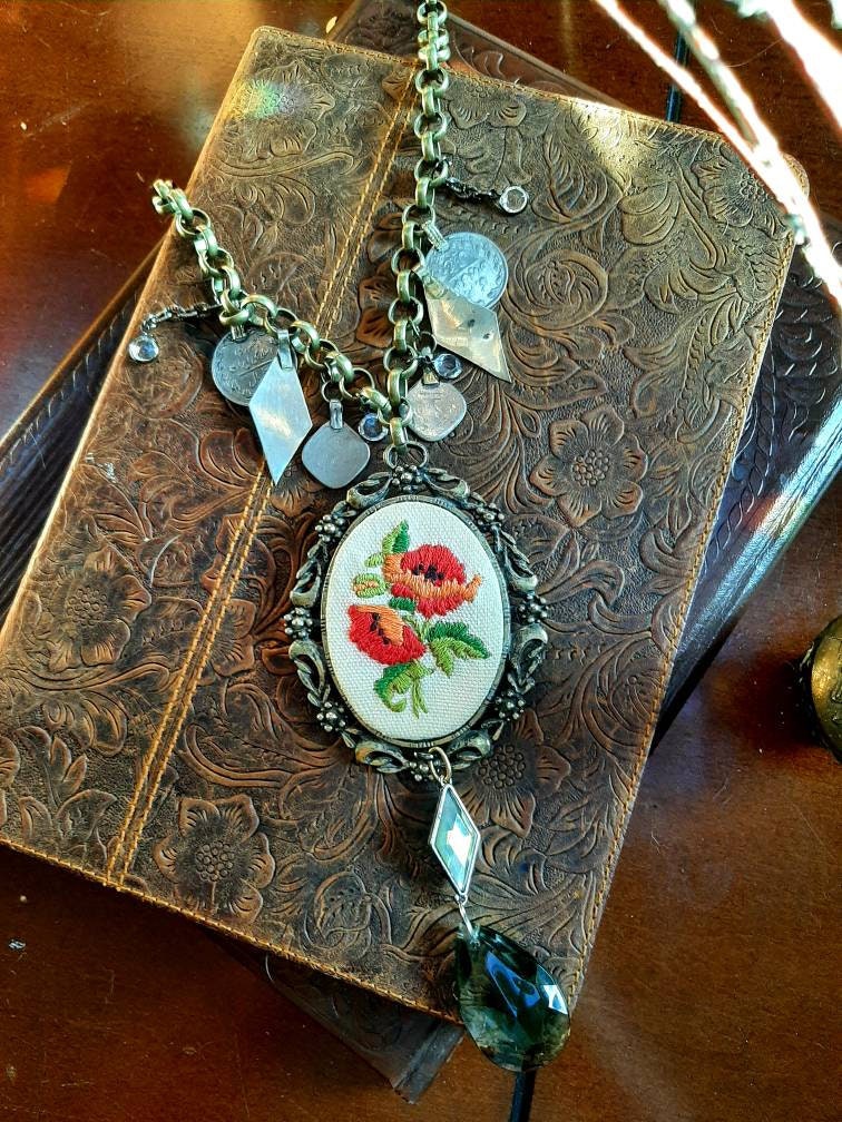 Antique framed embroidery necklace